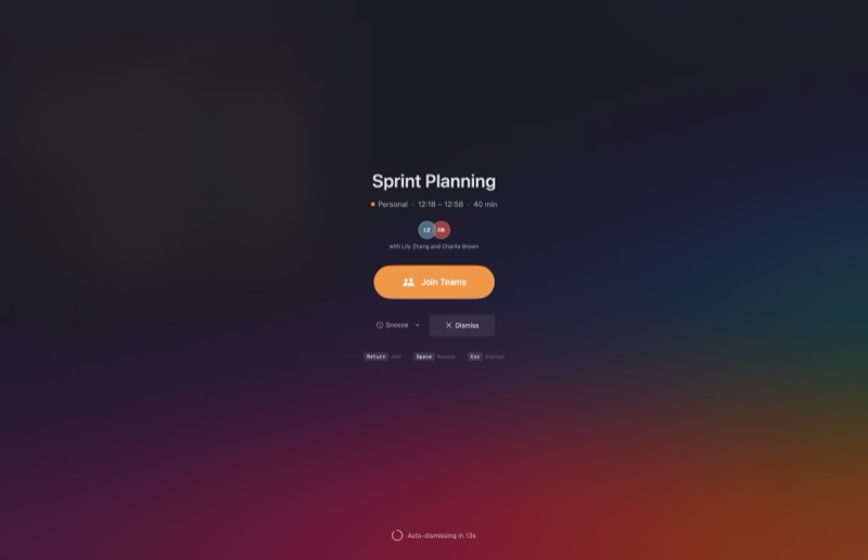 MeetingNudge app showing a Sprint Planning meeting notification with Join Teams button, snooze and dismiss options